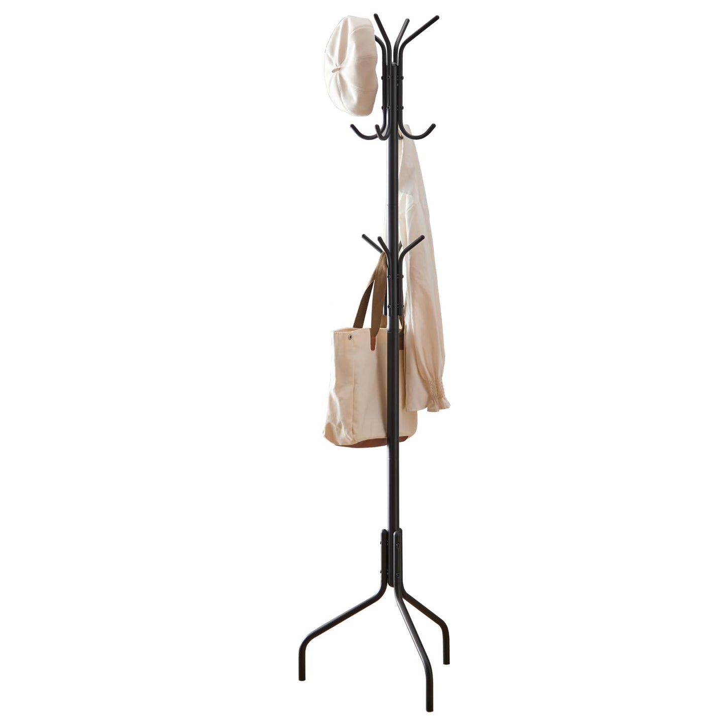 Furshus Coat Rack Freestanding,hat and coat rack stand for entryway,Living Room,Bedroom,Metal coat tree with12 Hooks and 3 Legs (Black)