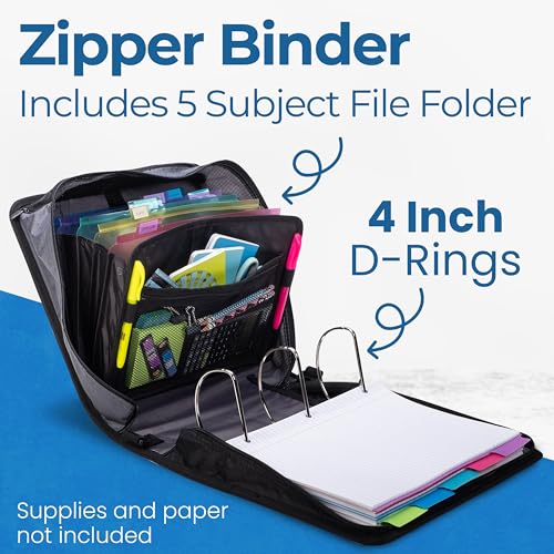 Case-it The King Sized Zip Tab Zipper Binder - 4 Inch D-Rings - 5 Subject File Folder - Multiple Pockets - 800 Sheet Capacity - Comes with Shoulder Strap - Jet Black D-186
