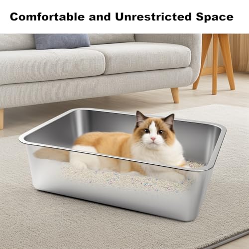 Stainless Steel Litter Box, High Sided Large Metal Cat Litter Boxes Easy Clean, Non Stick No Smell Cat Litter Box for Adult Cats/Kitty/Kitten