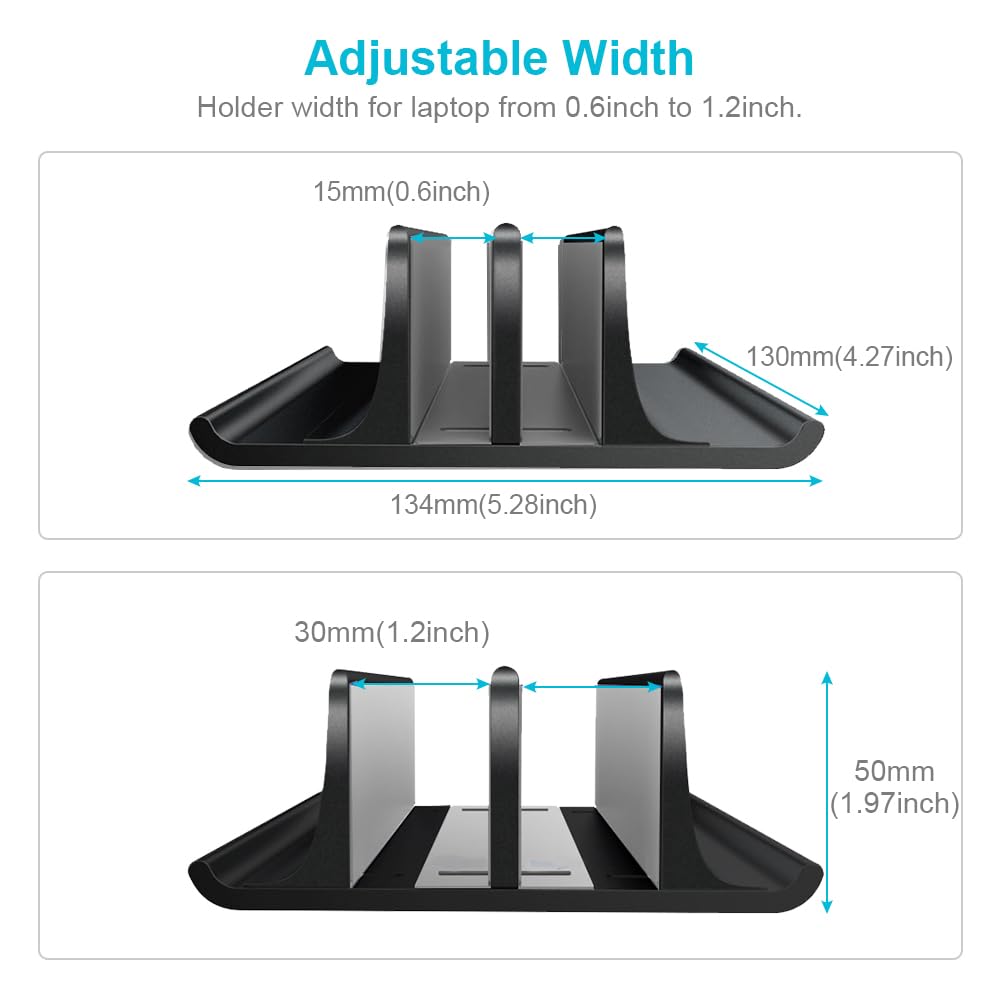 VAYDEER Double Adjustable Vertical Laptop Stand Newly Designed 2 Slots Aluminum Desktop Dual Holder for All MacBook/Chromebook/Surface/Dell/iPad Up to 17.3 Inches - Black