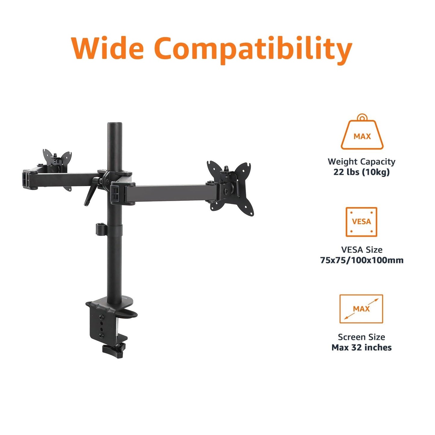 Amazon Basics Adjustable Dual Computer Monitor Arm Mount, Holds up to 32" Monitors