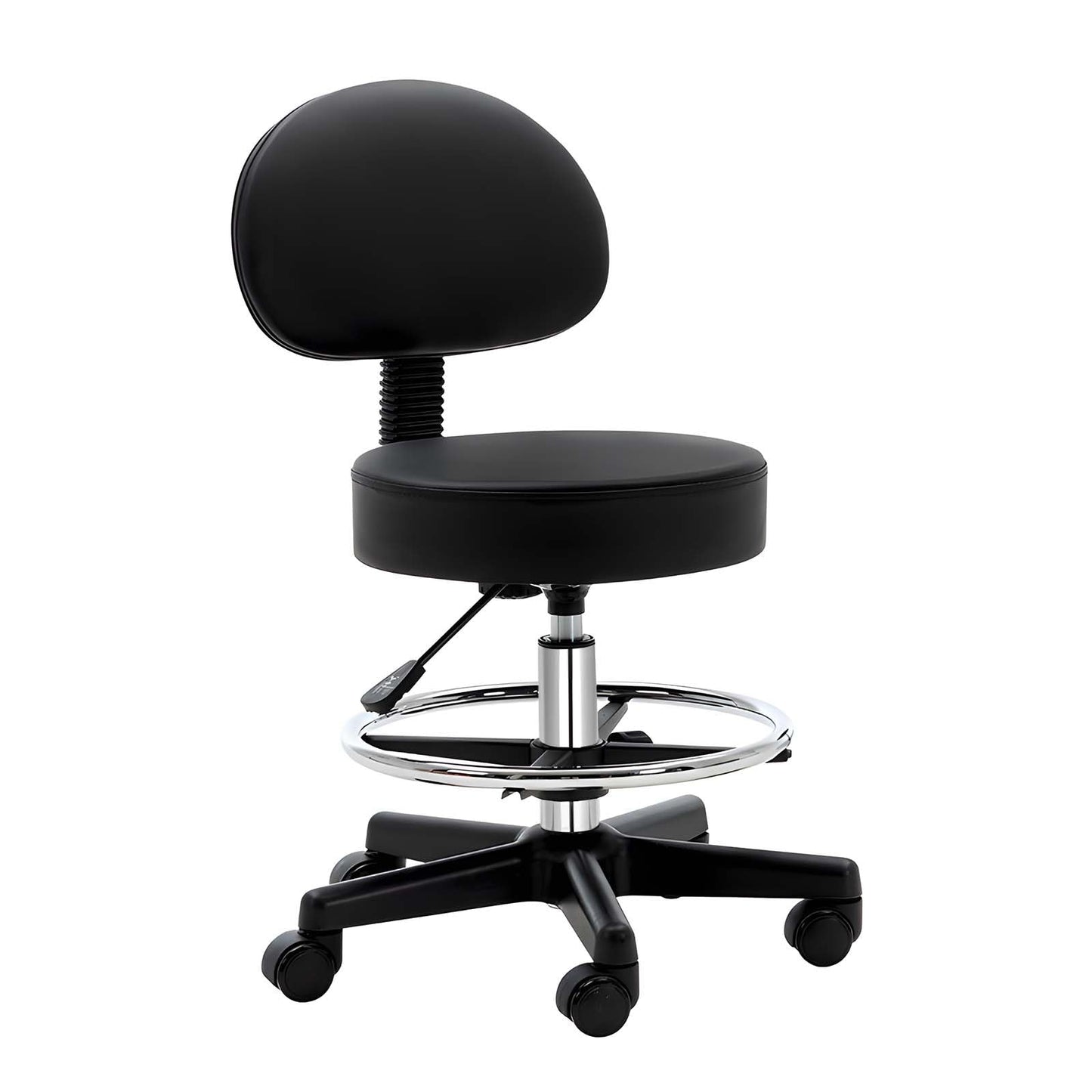 GEN'C BÉAUTY Swivel Rolling Stool with Backrest and Footrest — Height Adjustable Drafting Chair with Wheels for Office, Spa, Salon, Studio, Lab (Black)
