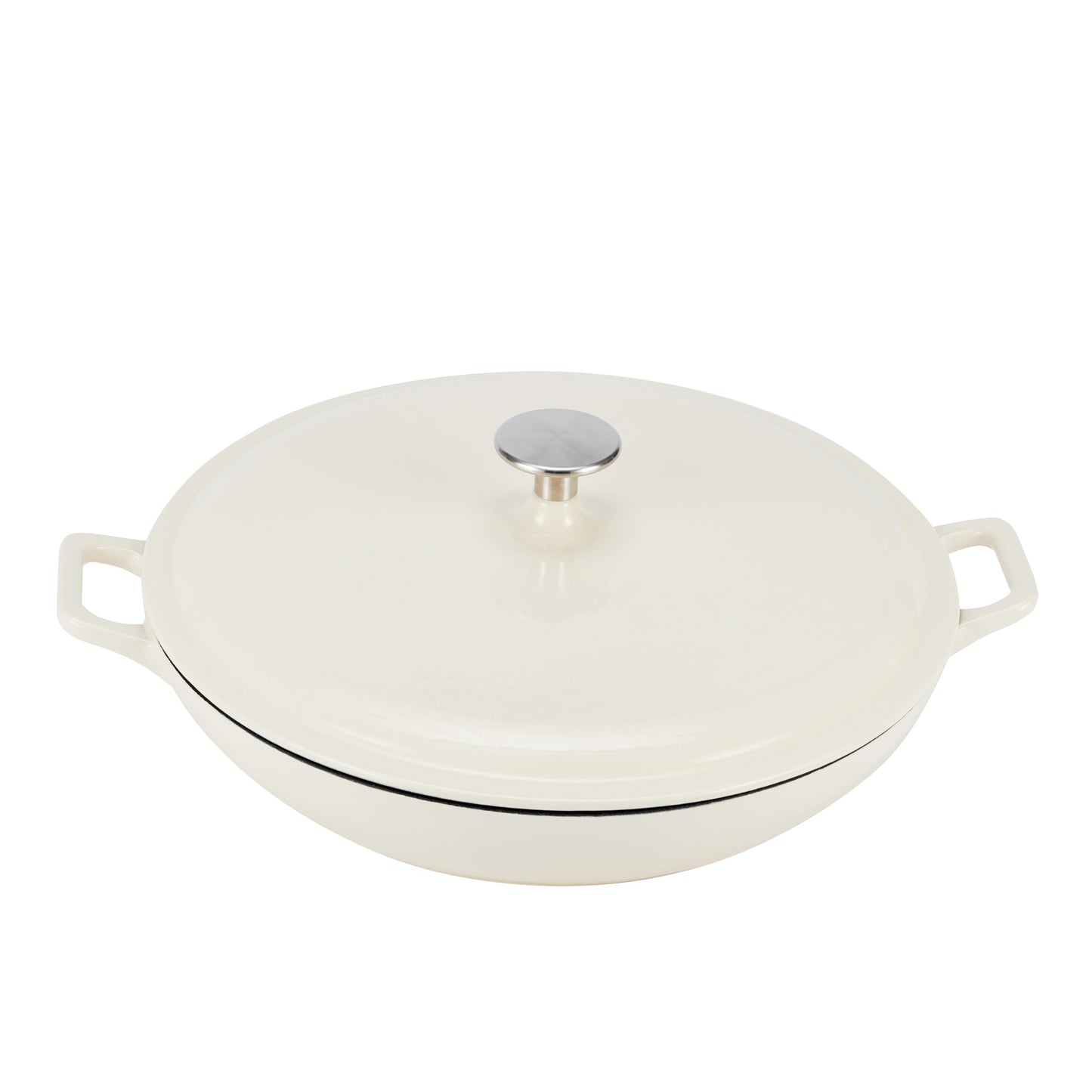 AmazonBasics Enameled Cast Iron Covered Casserole Skillet, 3.3-Quart, White