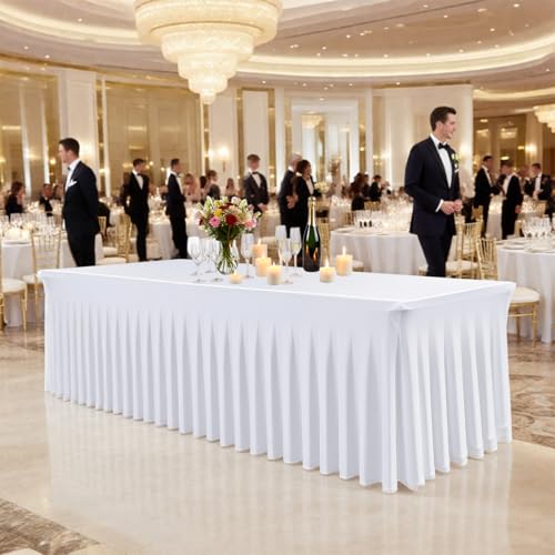 5 Pack White Rectangle Spandex Tablecloths for 60in Tables, 120Inch Stretchy Fitted 5FT Rectangle Table Clothes,Wrinkle Free Table Cover with Skirt for Wedding Party Dining Banquet