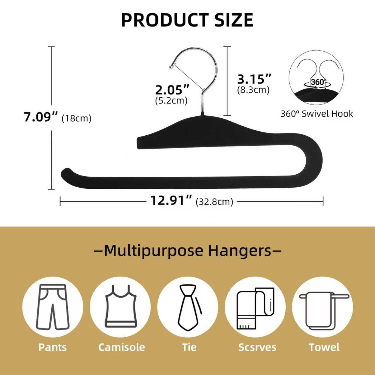 Velvet Pants Hangers, 20 Pack Non-Slip Open Ended Hangers with 360° Swivel Hook Slim Space Saving Jeans Hangers for Pants, Scarves, Ties, Towels, Black