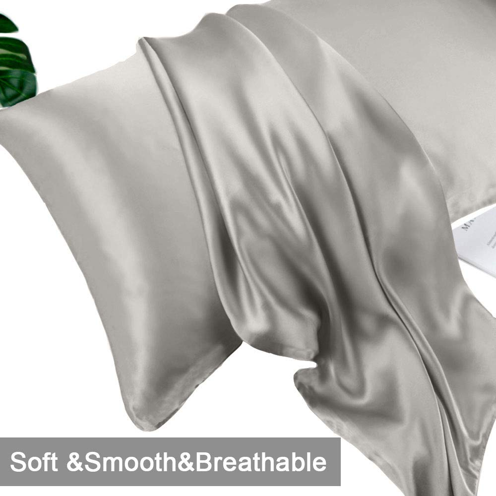 100% Mulberry Silk Pillowcase Pure,21 Momme Both Side Real Silk Pillowcases Hidden Zippered Slip Silk Pillowcase Hypoallergenic Soft Breathable for Hair, Skin and Good Sleep（Grey, Queen: 20"x30"）