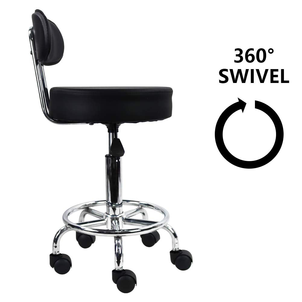 KKTONER PU Leather Round Rolling Stool Mid-Back with Footrest Height Adjustable Office Computer Home Drafting Swivel Task Chair with Wheels (Black)