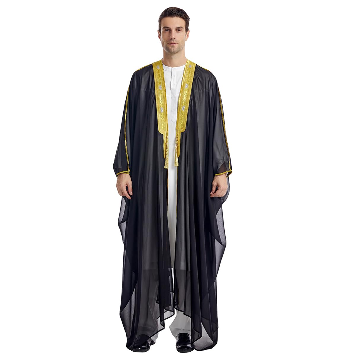 FYMNSI Men's Robe Muslim Clothes Kimono Loose Abaya Dresses Long Sleeve Embroidered Chiffon Kaftan Casual Formal Dubai Thobe, Black, Large