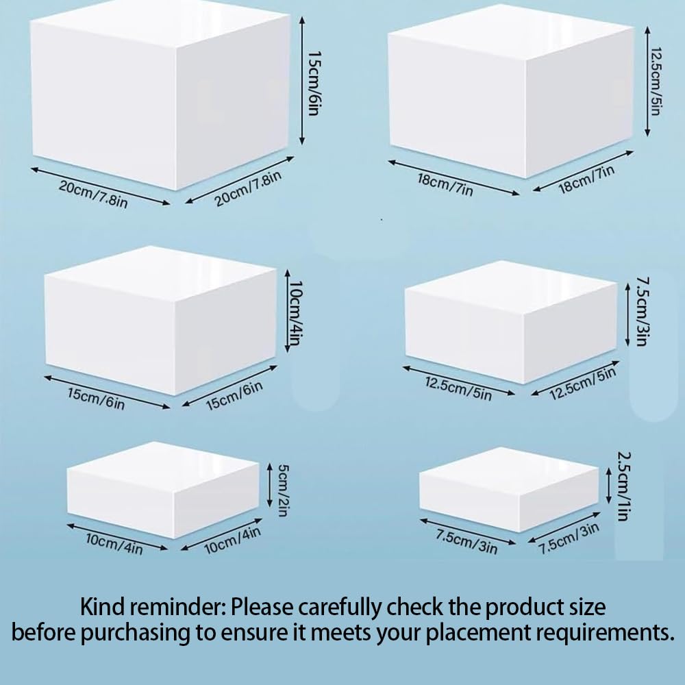 6 Pcs Buffet Risers White Acrylic Display Stands Cube Boxes with Hollow Bottoms Decorative Stand 6 Sizes for Jewelry Candy Table Decor Box Food Riser Party Case