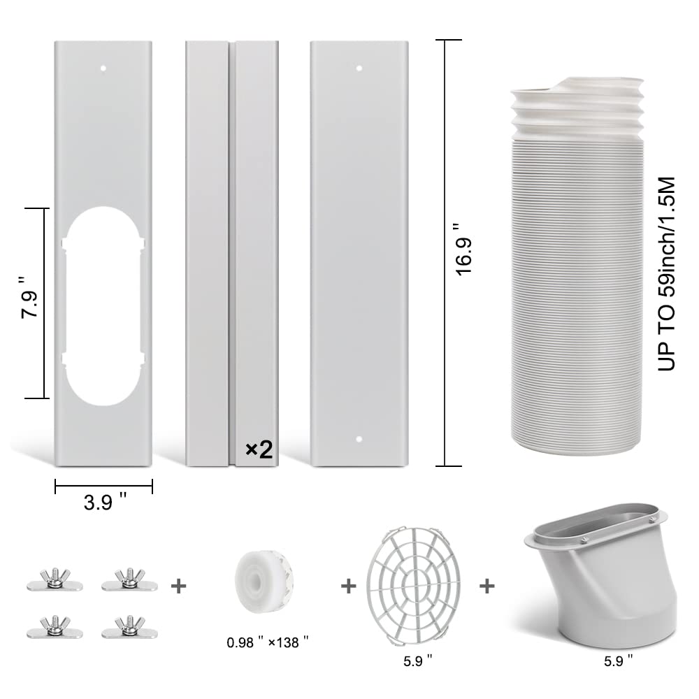Portable Air Conditioner Window Door Kit with Exhaust Hose, Adjustable Window Seal for AC Unit, Sliding AC Vent Kit for Horizontal or Vertical Windows, AC Window Kit with 5.9" Diameter 59" Length Hose