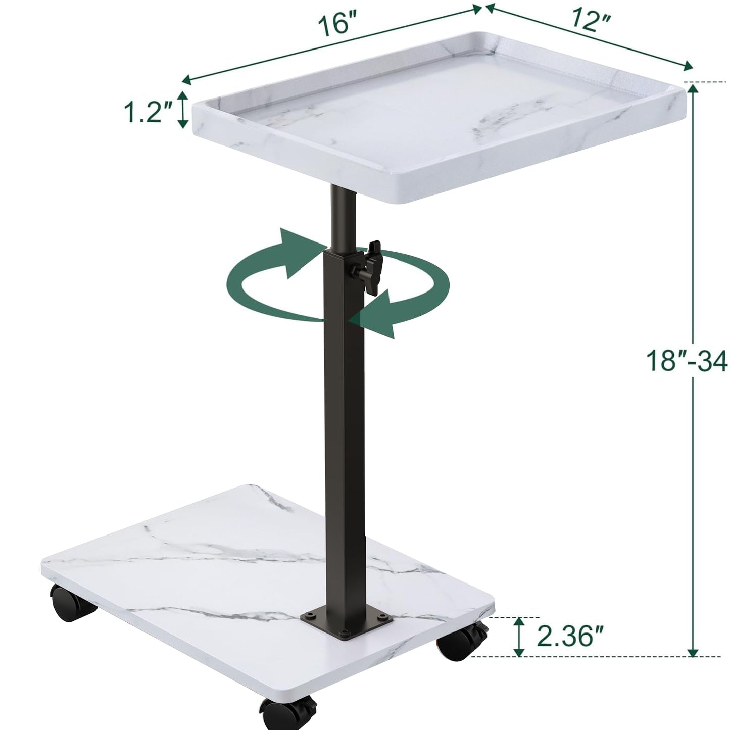 C Shaped End Table Adjustable Height, 360°Swivel TV Tray Table for Small Spaces, Rolling Couch Side Tables for Living Room, Bedroom, Bedside, Chair, Sofa, Snack (White)