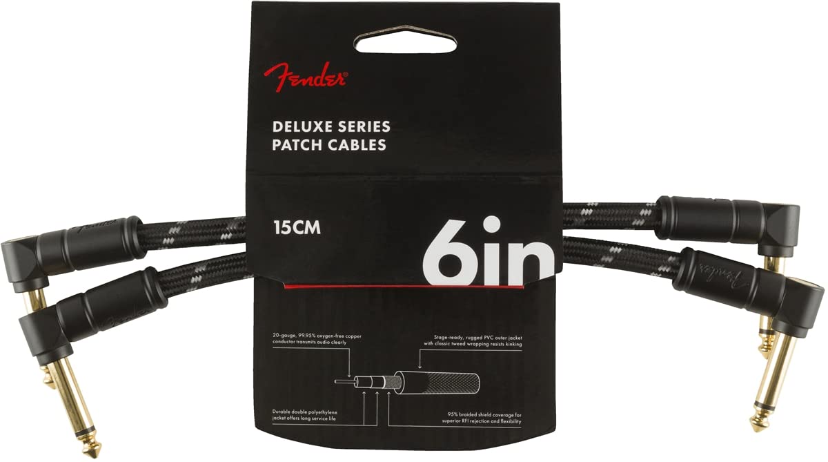 Fender Deluxe Series Patch Cable, Angle/Angle, Black Tweed, 6in, 2-Pack