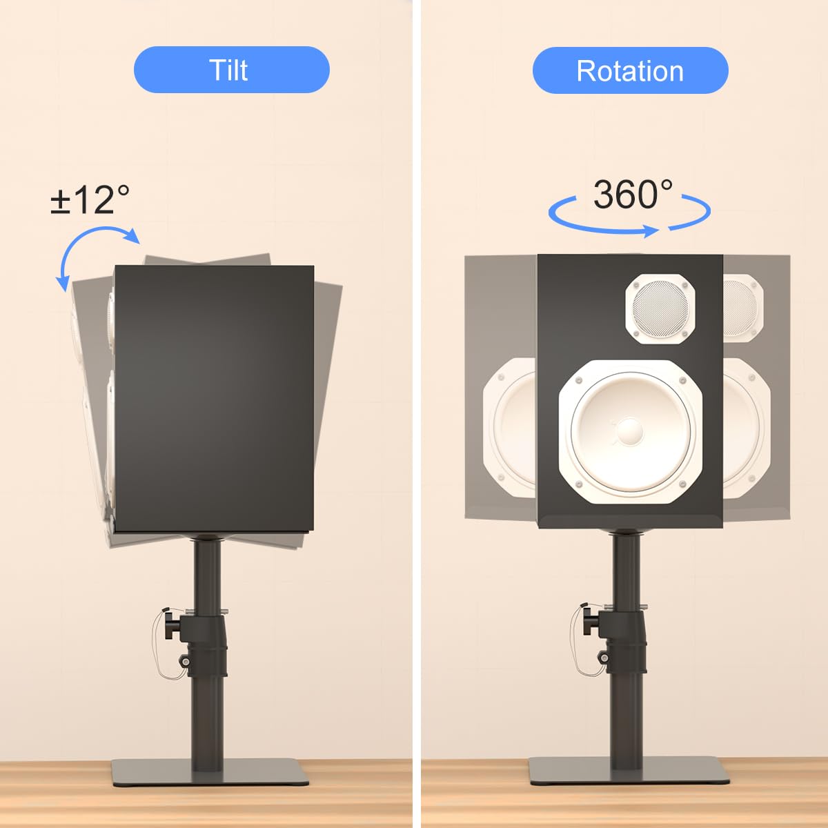 Suptek Free-Standing Speaker Stand Desktop Set, 9.6 x 8.8 inch Trays, Height Adjustment and Tilt, Universal Audio Holders for Computer and Bookshelf Speakers, Elevated Sound, 2 Pack, Black, SDM001T