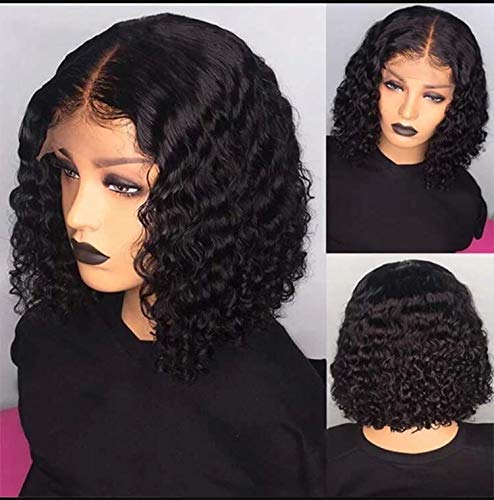 SINGLEBEST Curly Water Wave Bob Human Hair Wigs Brazilian Virgin Hair 130% Density Glueless Lace Front 4x4 Closure Wig for Women Natural Color 10inch