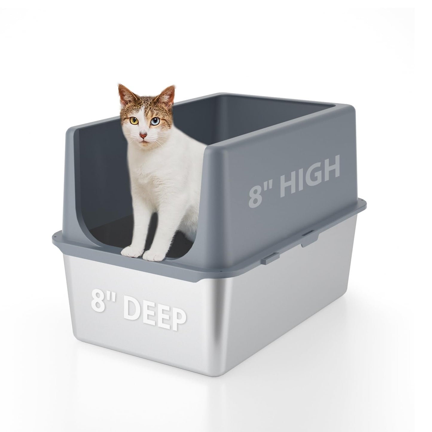 LIHOOOOM Enclosed Cat Litter Box,High Sided Stainless Steel Litter Box Anti-Leakage,Non-Stick Extra Large Litter Box with Lid,23.5" L x 15.5" W x 16" H(Grey)