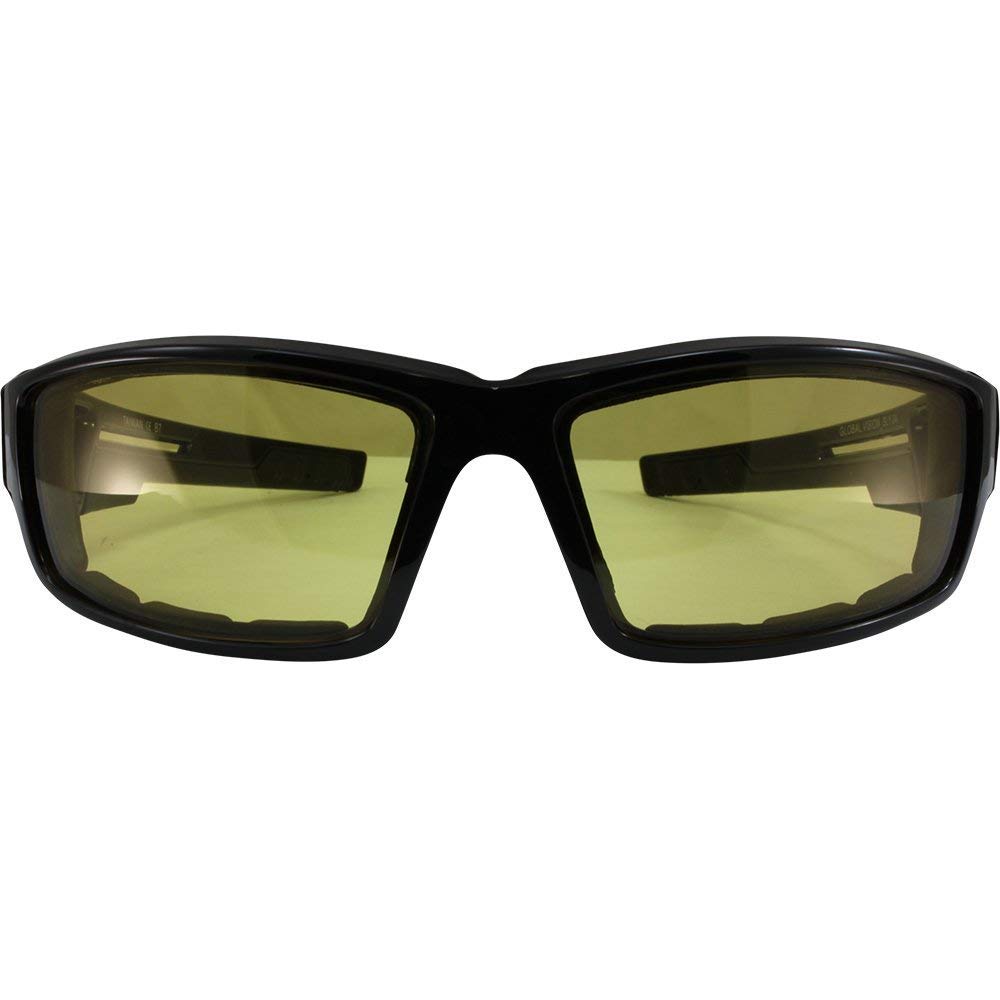 Global Vision 2 Pair of Sly Padded Motorcycle Sunglasses Gloss Black Frames with Smoke and Yellow Lenses