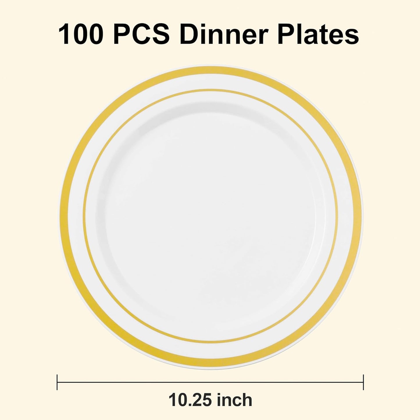 Goodluck 100PCS Gold Plastic Plates, 10.25 Inch Disposable Dinner Plate Party with Gold Rim, Heavy Duty Disposable Plastic Plates for Party, Wedding and Birthday