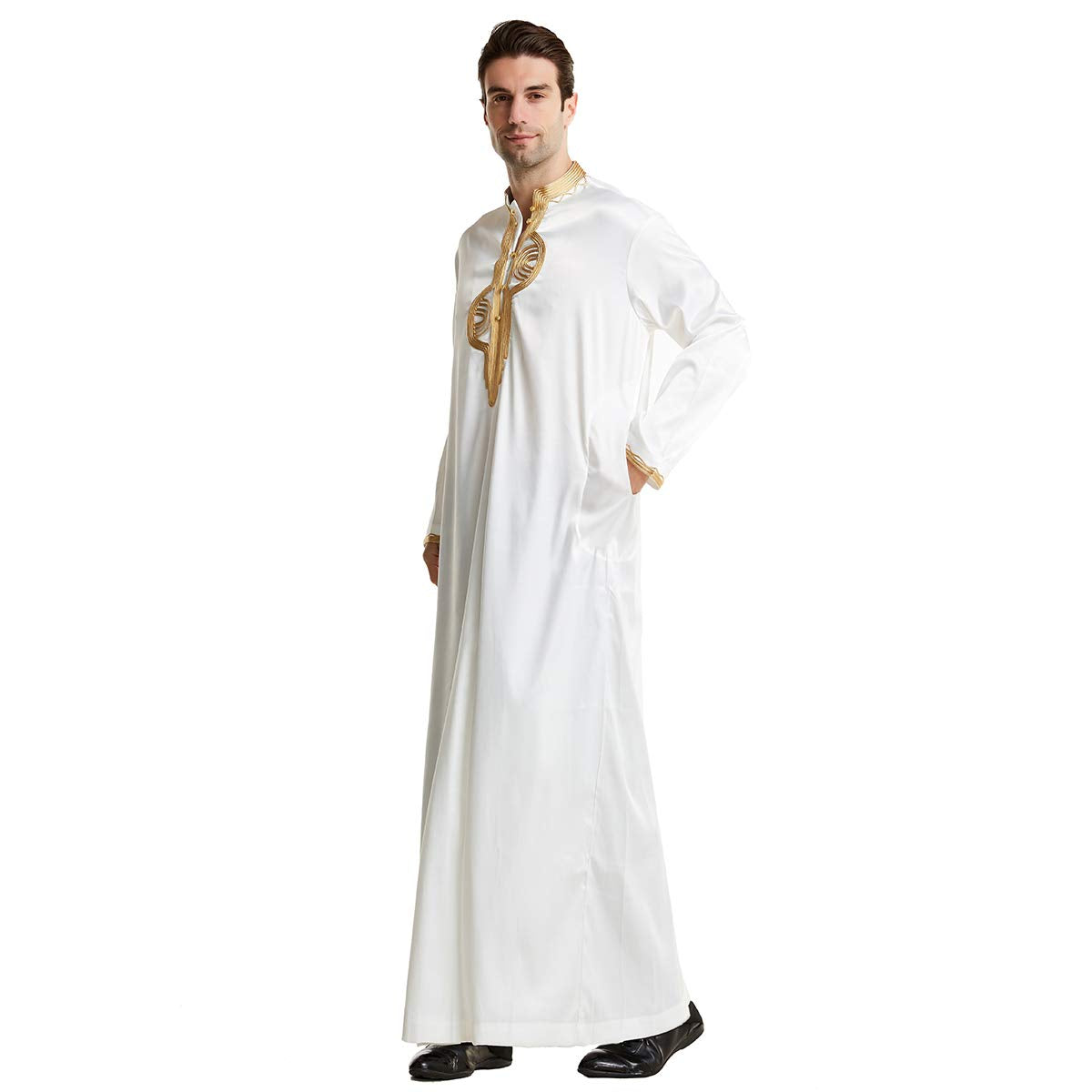 Men Arabic Long Sleeve Embroidery Thobe Stand Collar Kaftan Robe