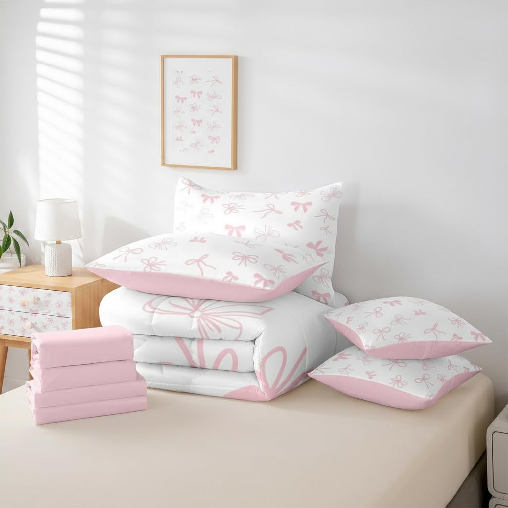 Erosebridal Bow 7 Piece Bedding Set Full Cute Bowknot Comforter Set with Sheets Princess Bow Tie Bed in a Bag White Pink Simple for Kids Girls Women