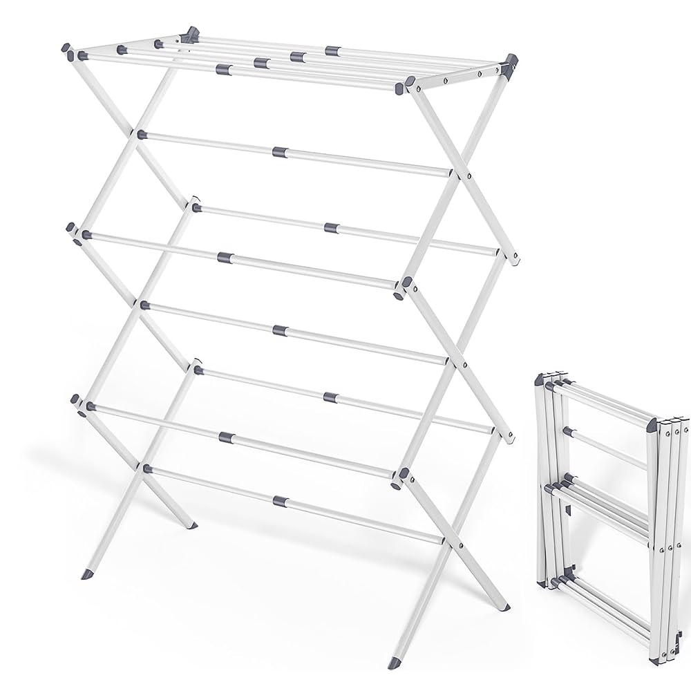 Foldable Clothes Drying Rack with 4 Hangers, 3-Tier Portable Extendable Laundry Drying Rack for Indoor Air Drying Clothing, 41"x29"x14"