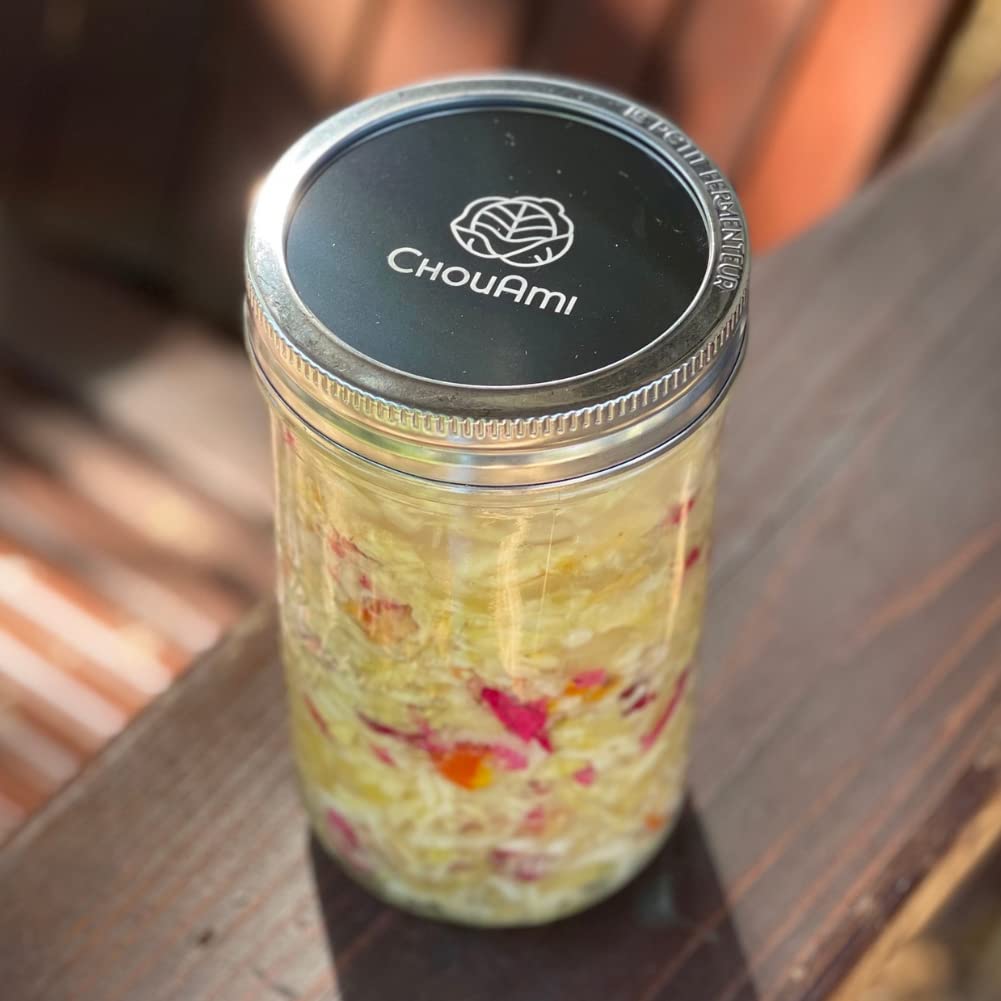 ChouAmi Stainless Steel Fermentation Kit w/Airlock & Weight for Easy Small-Batch Fermenting of Sauerkraut, Kimchi, Pickles ++ Use w/ 1L Le Parfait Wide Mouth Glass Mason Jar & Lid Included (Kit-1L)