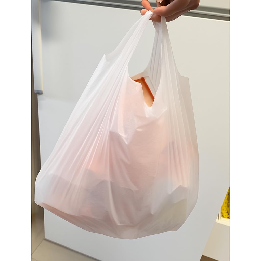 JASINCESS Plastic Bags with Handles 400 Count White T Shirt Bags Retail Plastic Bags Shopping Carrier Merchandise Bags for Supermarket, Restaurant- 400 PCS