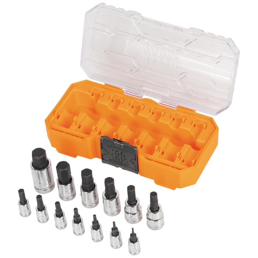 Klein Tools 65213HEX Knurled Hex Bit Socket Set, 1/4, 3/8 and 1/2-Inch Drives, Premium Cr-V Steel, SAE Sizes 5/64 to 9/16-Inch, MODbox Case, 13-Piece
