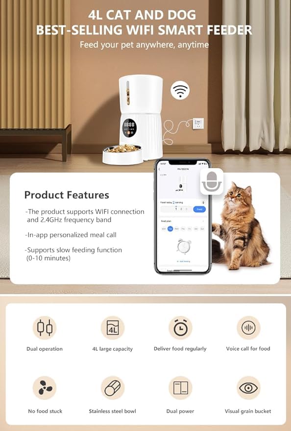 4L Large Capacity Smart Pet Auto Food Dispenser for Dogs and Cats, App Control for Remote Feeding with Voice Call, Ideal for Busy Owners (White)