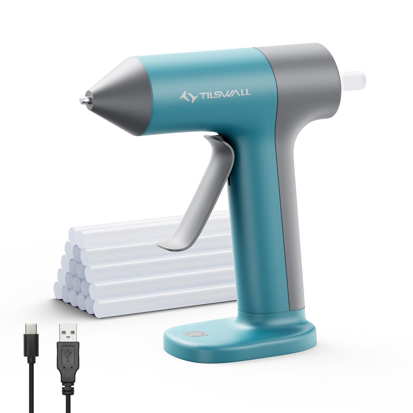Tilswall Cordless Hot Glue Gun Kit with Hot Glue Sticks, 30s Fast Preheat, USB-C Rechargeable Glue Gun Cordless Design, Mini Hot Glue Gun for DIY Crafts, Home Repairs, School Projects (Blue)