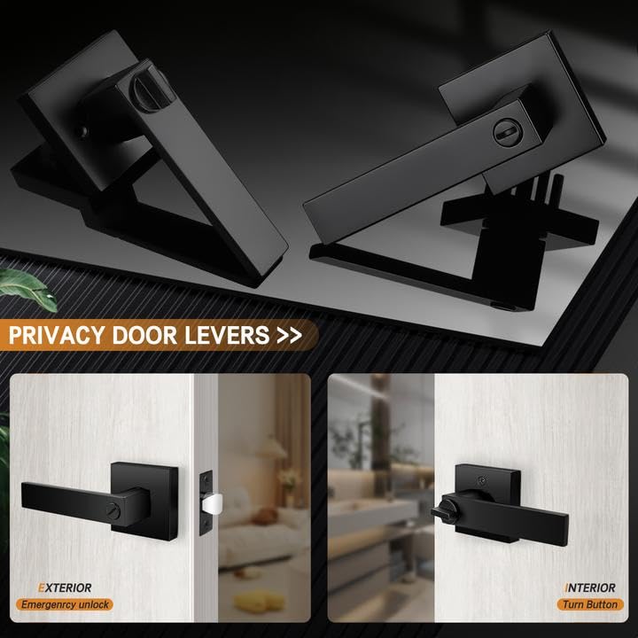 Probrico 2 Pack| Square Privacy Door Levers Matte Black Bed Bath Door Handles, Keyless Interior Door Lockset Heavy Duty Leversets for Left or Right Handed Doors