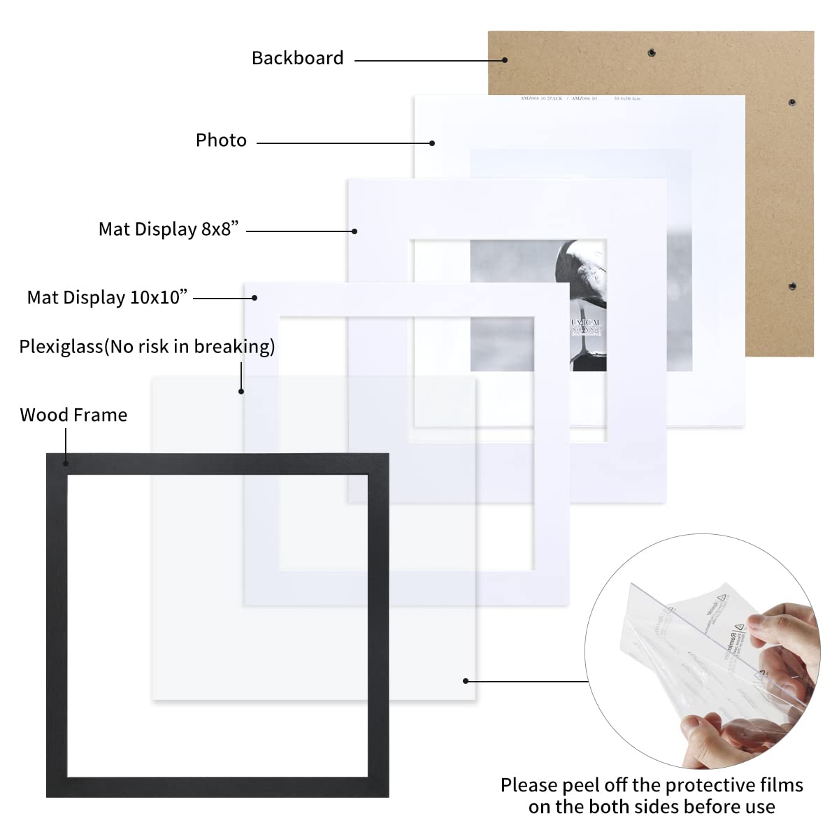 UMICAL 12x12 Picture Frames Set of 2 Display 10x10 or 8x8 Pictures with Mat or 12x12 Pictures without Mat Square Wood Black Photo Frames with HD Plexiglass for Tabletop Stand and Wall Mounting