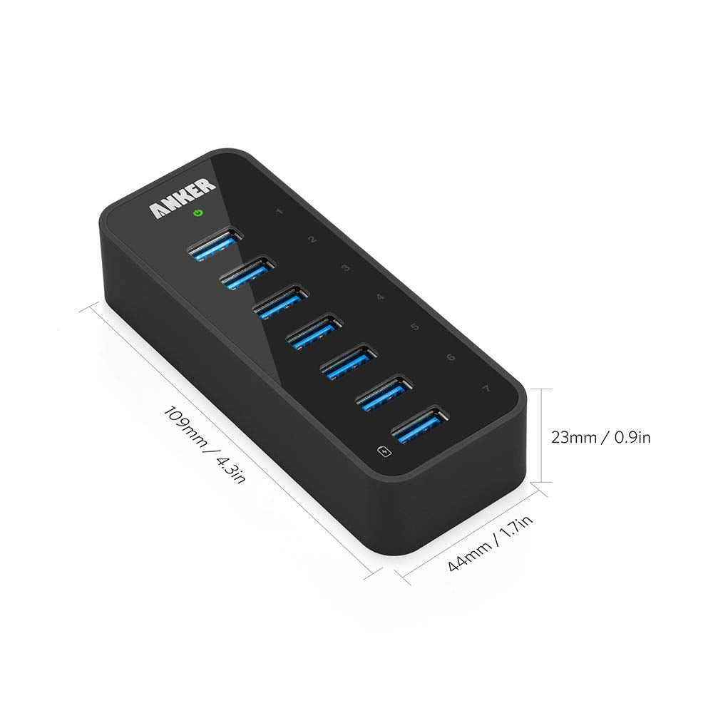 Anker USB 3.0 7-Port Hub with 1 BC 1.2 Charging Port up to 5V 1.5A, 12V 3A Power Adapter Included [VIA VL812-B2 Chipset] Black