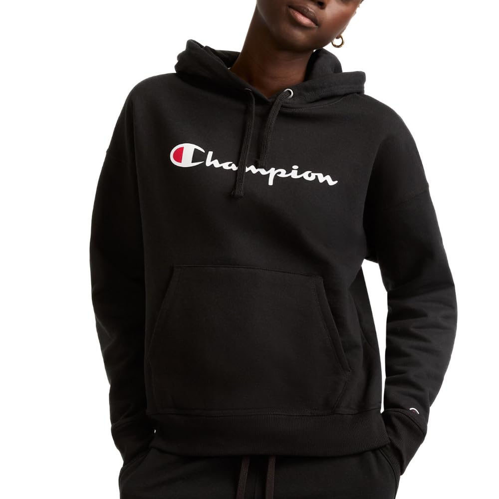 Champion, Powerblend, Fleece, Comfortable Hoodie Sweatshirt for Women (Plus, Black Script, Large