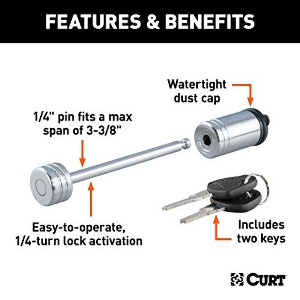 CURT 23523 Chrome Trailer Tongue Coupler Lock, 1/4-Inch Pin Diameter, Up to 3-3/8-Inch Span