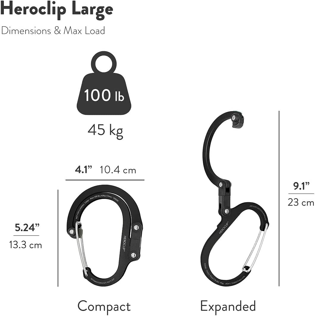 GEAR AID HEROCLIP Carabiner Clip and Hook (Large) for Camping, Backpack, Organization, and Garage, Stealth Black