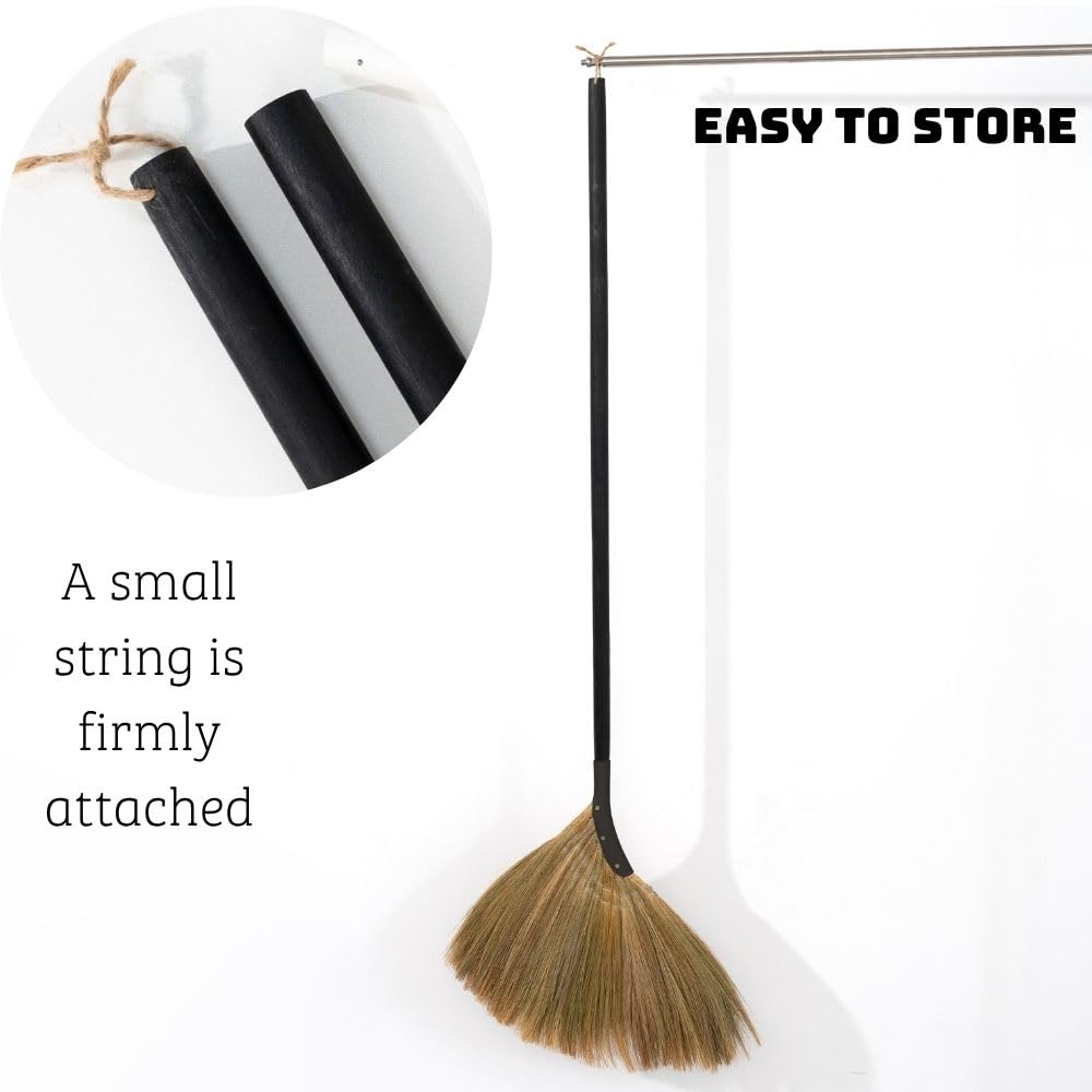 TTS For Home - Vietnamese Straw Soft Broom - Indoor Grass Broom - Sweeping Hand with Black Long Handle Broomstick for House, Garage, Office, Lobby Room, Kitchen with 37.98 in Length