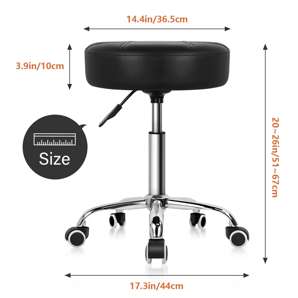 KKTONER Round Rolling Stool PU Leather Height Adjustable Swivel Drafting Work SPA Salon Stools Chair with Wheels (Black)