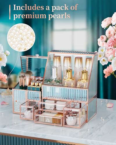 Youdepot Tempered Glass Makeup Organizer Countertop - Multi-Functional 3-in-1 Cosmetic Organizer for Skincare, Lipstick, Brushes - Vanity Organizer & Bathroom Organizer and Skincare Organizer.