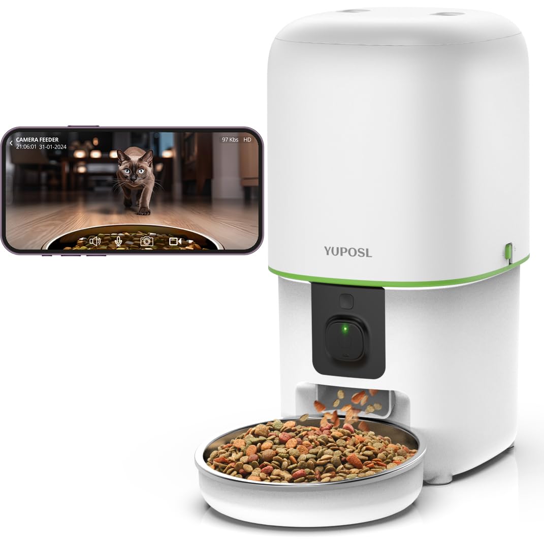 Yuposl Automatic Cat Feeder with Camera, 5G WiFi Cat Food Dispenser App Control 1080 HD Video with Night Vision, 4L Automatic Dog Feeder, Desiccant to Keep Dry Food Fresh