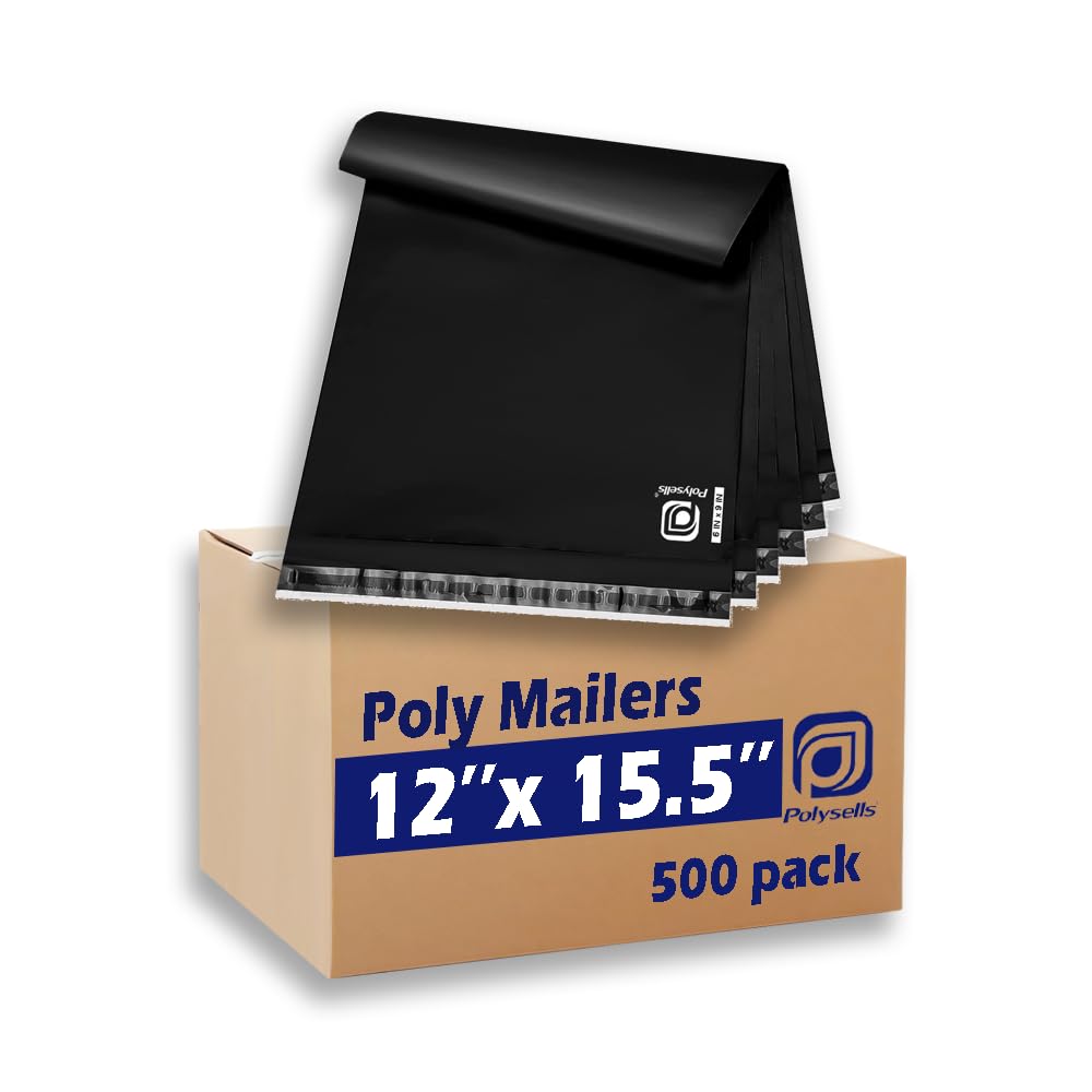 POLYSELLS Poly Mailers Shipping Envelopes, Strong Adhesive Sealing, Waterproof, and Tear-resistant Postal Mailing Bags for Clothing, Books, and Accessories (Black, 12x15.5 Inch, 500 pcs)