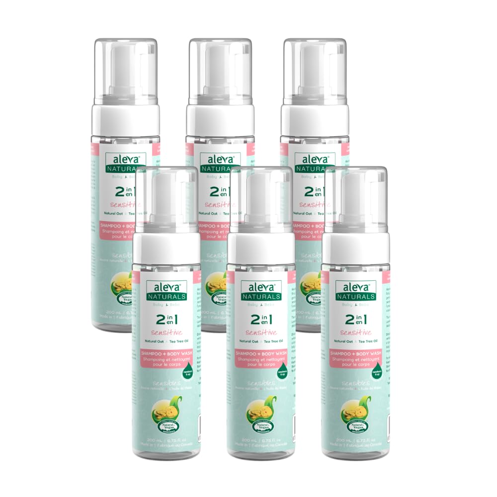 Aleva Naturals Hypoallergenic 2 in 1 Shampoo and Body Wash - Tea Tree Oil Formula, For Sensitive Skin, Perfect for Newborn Babies and Toddlers - Mega Pack- 6 x 200ml= 1.2L Clear