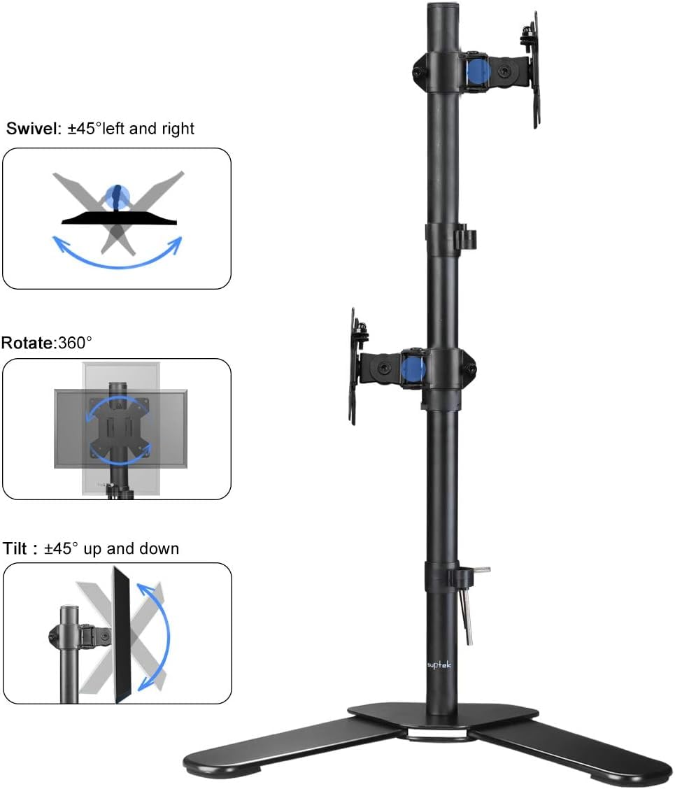 Suptek Dual LED LCD Monitor Stand up Free-Standing Desk Mount for 2 / Two Screens up to 27 inch Extra Tall 31.5 inch Pole Heavy Duty Fully Adjustable Stand Vertical Array (ML6802)