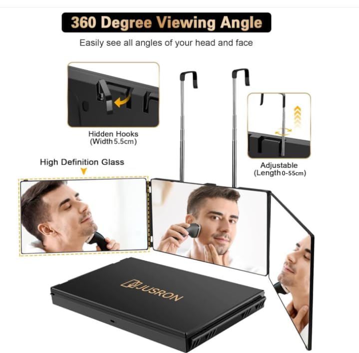 3 Way Mirror for Self Hair Cutting, 360 Trifold Self Haircut Mirror 3 Sided Makeup Mirror to See Back of Head with Height Adjustable Hooks, for Hair Cutting, Makeup, Shaving, Braiding, Styling