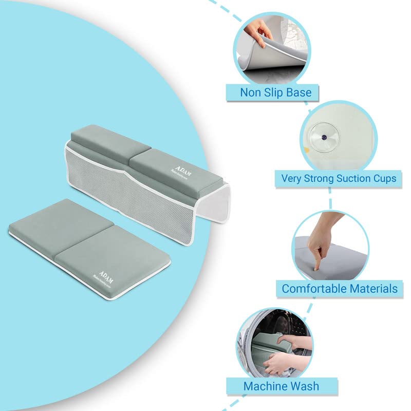 ADAM Bath Kneeler and Elbow Rest Pad Set - Adult Bath Pillow with Non-Slip, Waterproof, Plush Grey Kneeling Pad and Arm Support