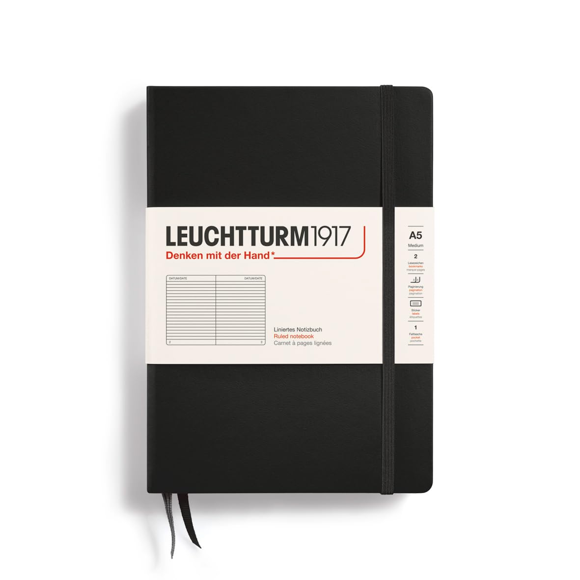 LEUCHTTURM1917 - Notebook Hardcover Medium A5-251 Numbered Pages for Writing and Journaling (Black, Ruled)