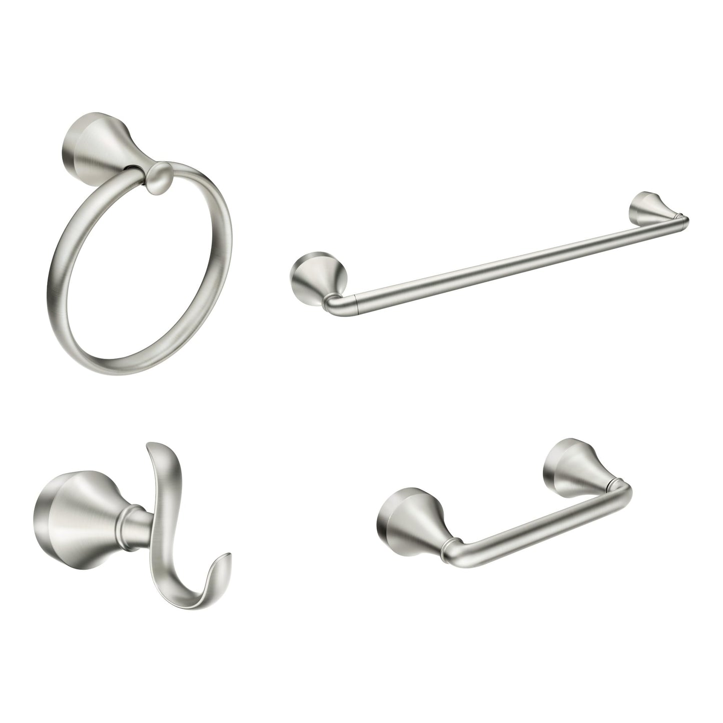 Moen Wellton 4-Piece Bathroom Accessory Collection, Includes Towel Ring, Robe Hook, Towel Bar, and Pivoting Toilet Paper Holder, Brushed Nickel, Y1394BN