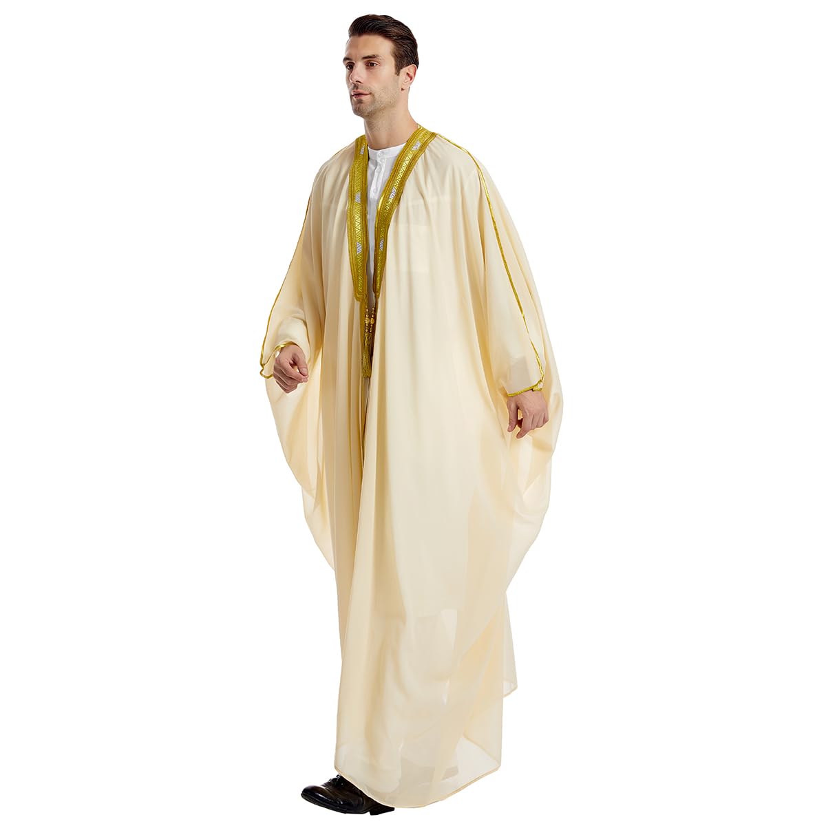 Qianliniuinc Thobe for Men Islamic Arabic Robe - Muslim Prayer Clothes Loose Abaya Clothing Casual Kaftan Long Sleeve, Beige, Medium
