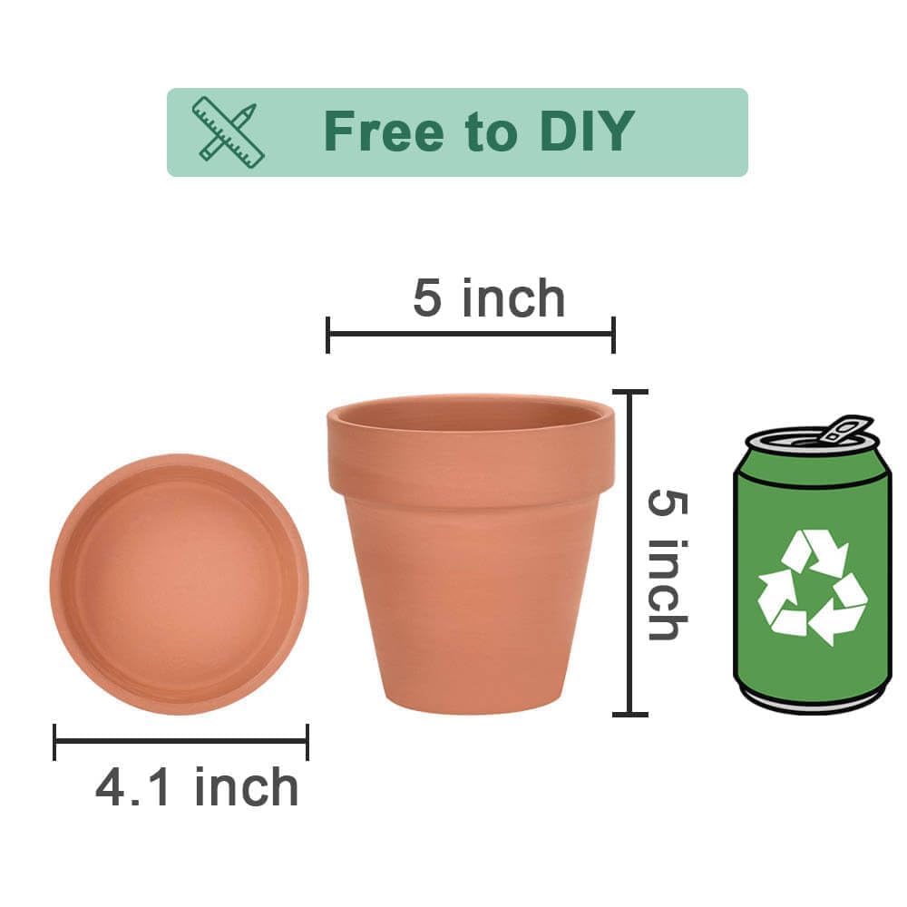 Terra Cotta Pots with Saucer - 6 Pack 5 Inch Clay Pot Ceramic Pottery Planter Cactus Flower Pots Succulent Pot Drainage Hole, Great for Plants, Crafts and Wedding Favor