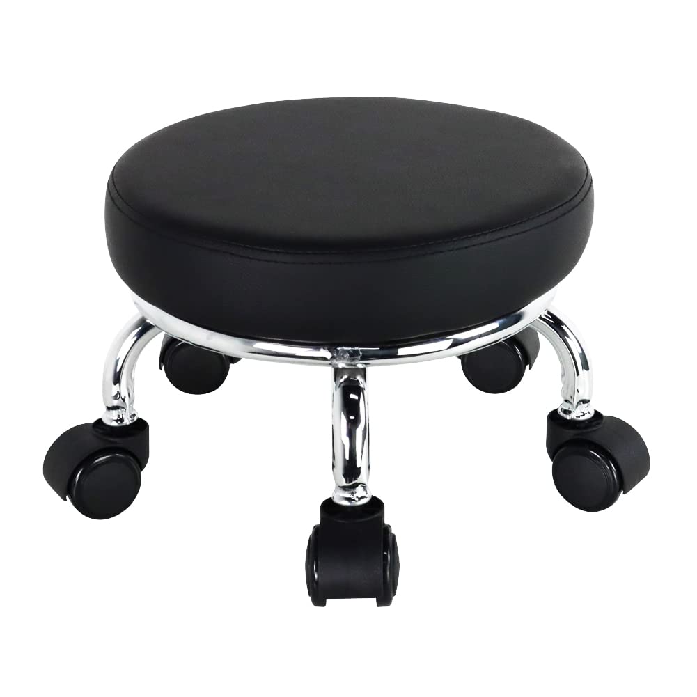 WKWKER Rolling Seat PU Leather Low Round Rolling Stool Small Stool with Universal Swivel Wheels for Home Office Garage Shop Fitness Sports, Height: 21.8 cm (Black)