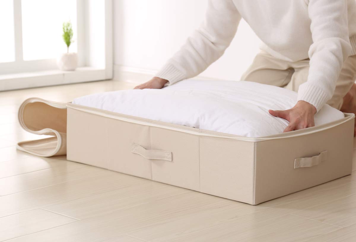 iwill CREATE PRO Pack of 2 Fabric Folding Under Bed Storage Box Organizer with Lid, Collapsible Blankets, Duvets Storage Baskets, Beige